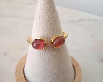 Adjustable gold-plated ring with rose tourmaline; Stackable ring with adjustable band. Women's ring. Gold and rose ring, engagement ring