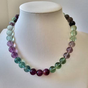 Necklace of natural fluorite stones large beads. Gradient blue green purple color jewelry. Jewelry for women.