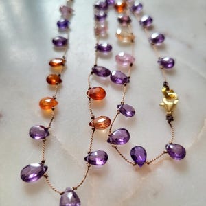 Minimalist necklace, natural zircon stones of several colors mounted on brown silk thread, pink purple briolette-shaped stones image 1