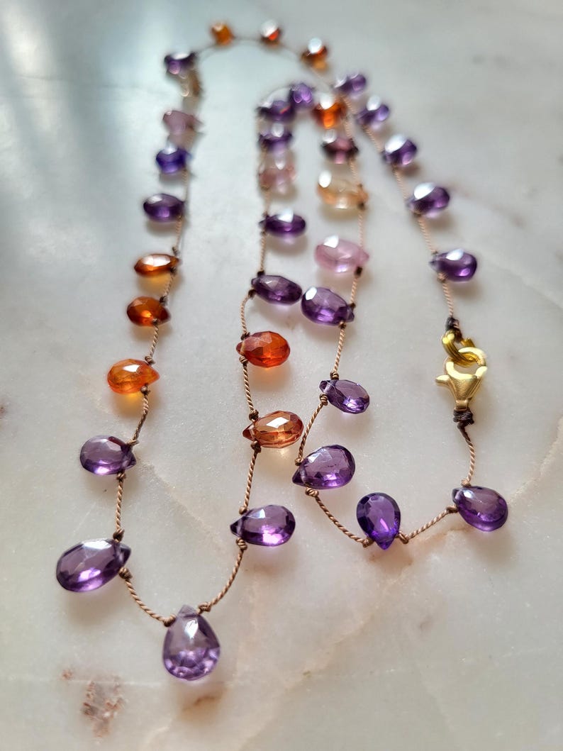 Minimalist necklace, natural zircon stones of several colors mounted on brown silk thread, pink purple briolette-shaped stones image 1