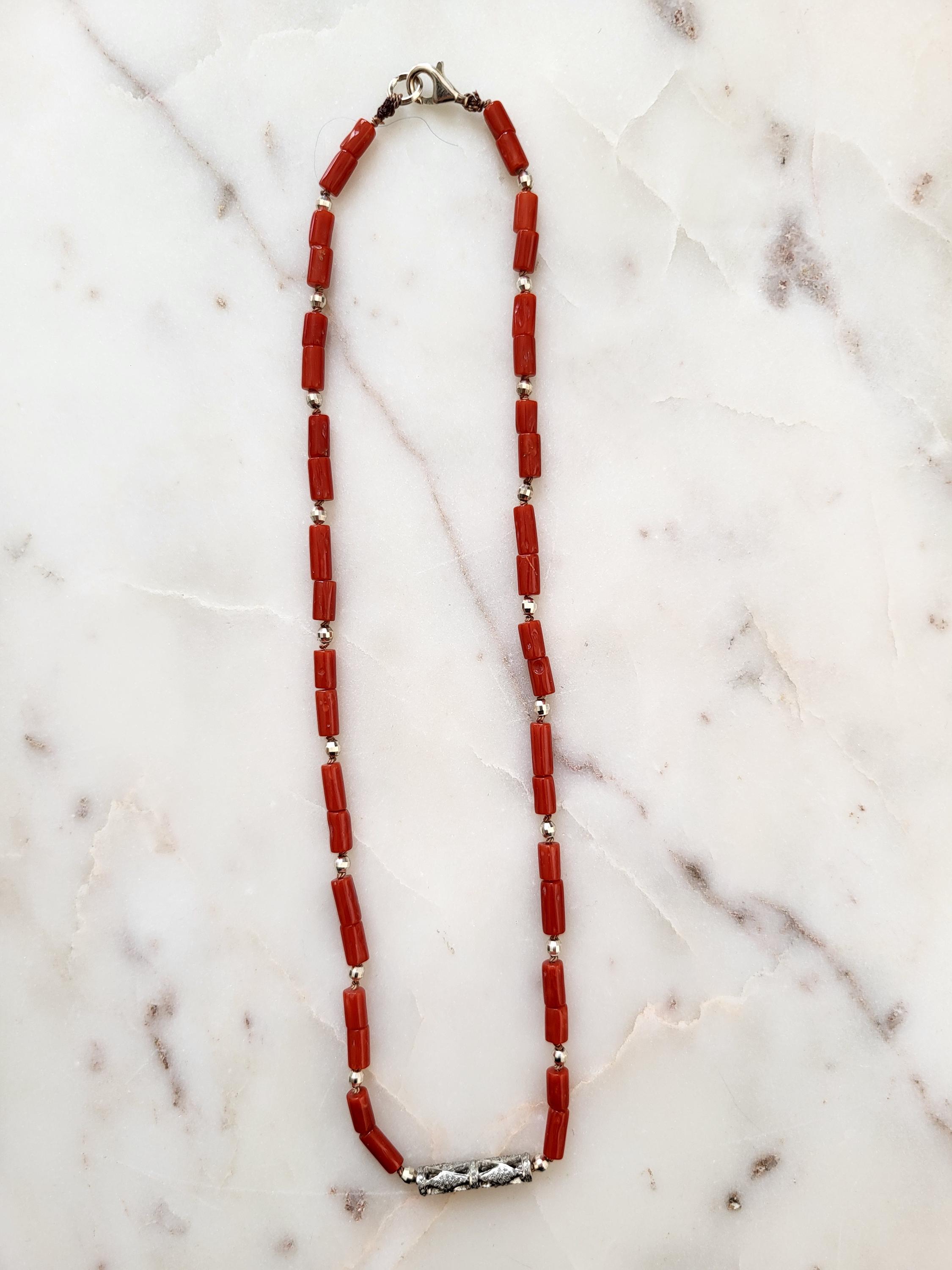 天然赤珊瑚のネックレス、アールデコ調パール、シルバーダイヤモンド