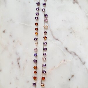 Minimalist necklace, natural zircon stones of several colors mounted on brown silk thread, pink purple briolette-shaped stones image 4