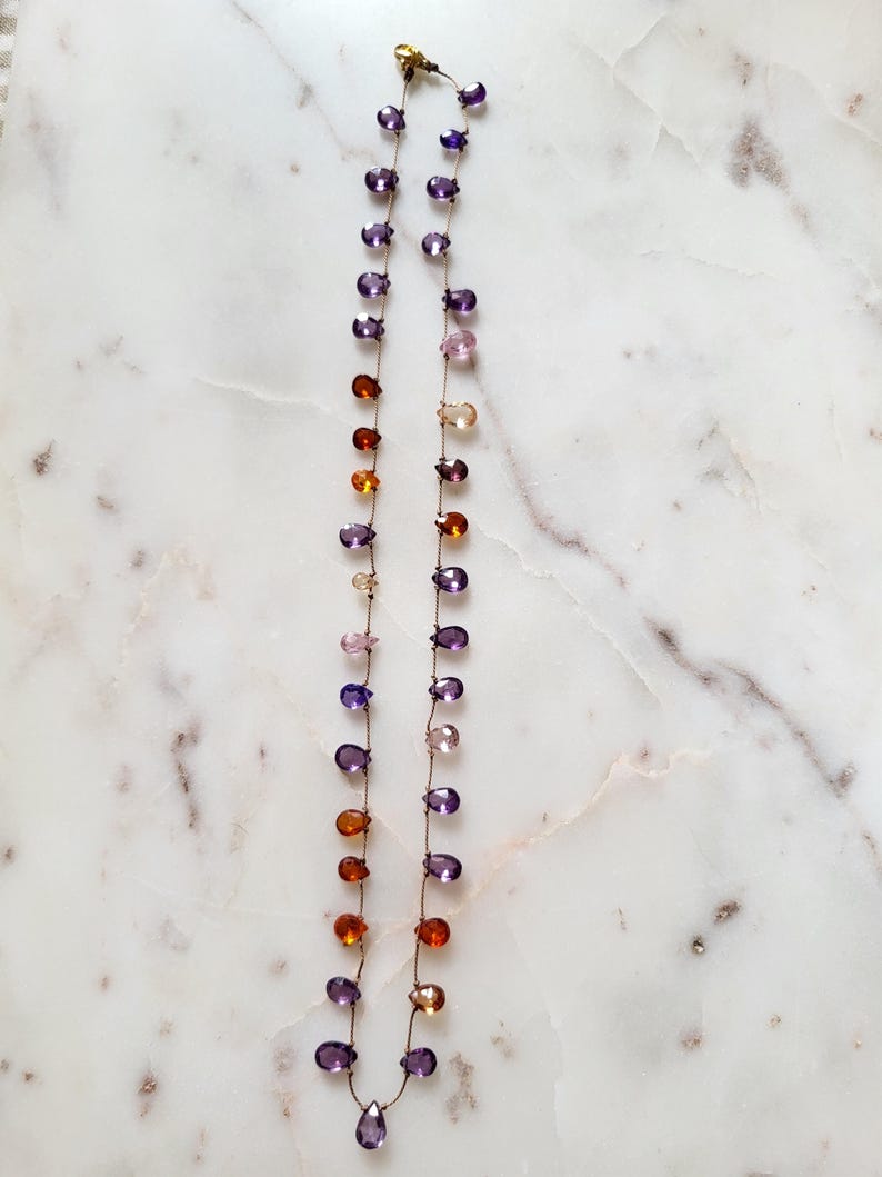 Minimalist necklace, natural zircon stones of several colors mounted on brown silk thread, pink purple briolette-shaped stones image 4