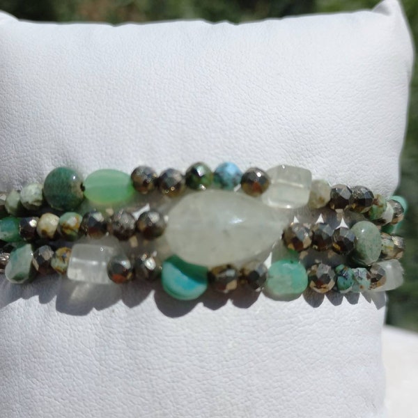 Bracelet 3 rows multi stones golden pyrites green agates prehnite green chrysoprases. Bracelet for women, gift for her