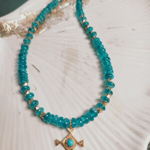 Necklace of natural blue apatite stones, turquoise and vermeil natural stone pendant. Gift for her. image 7