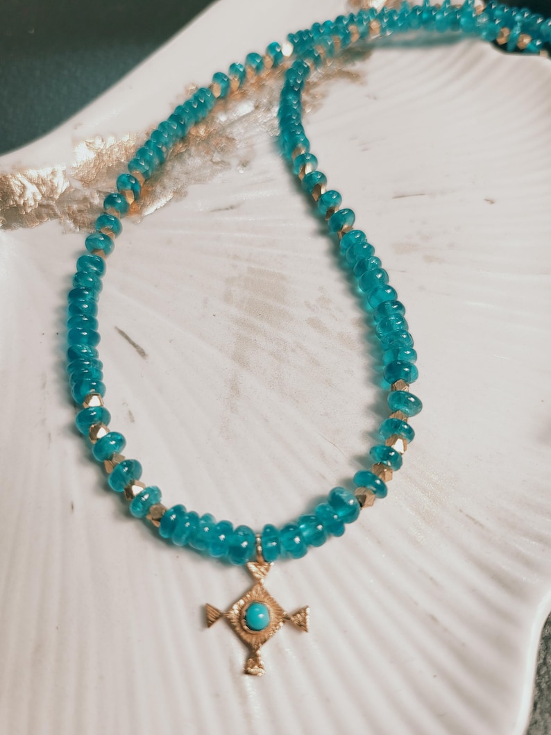 Necklace of natural blue apatite stones, turquoise and vermeil natural stone pendant. Gift for her. image 7