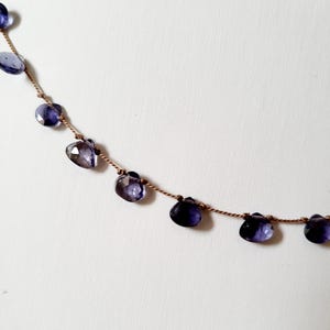 Necklace of natural blue-grey iolite stones on silk thread, small pear-shaped. Women's necklace, delicate minimalist design. image 3