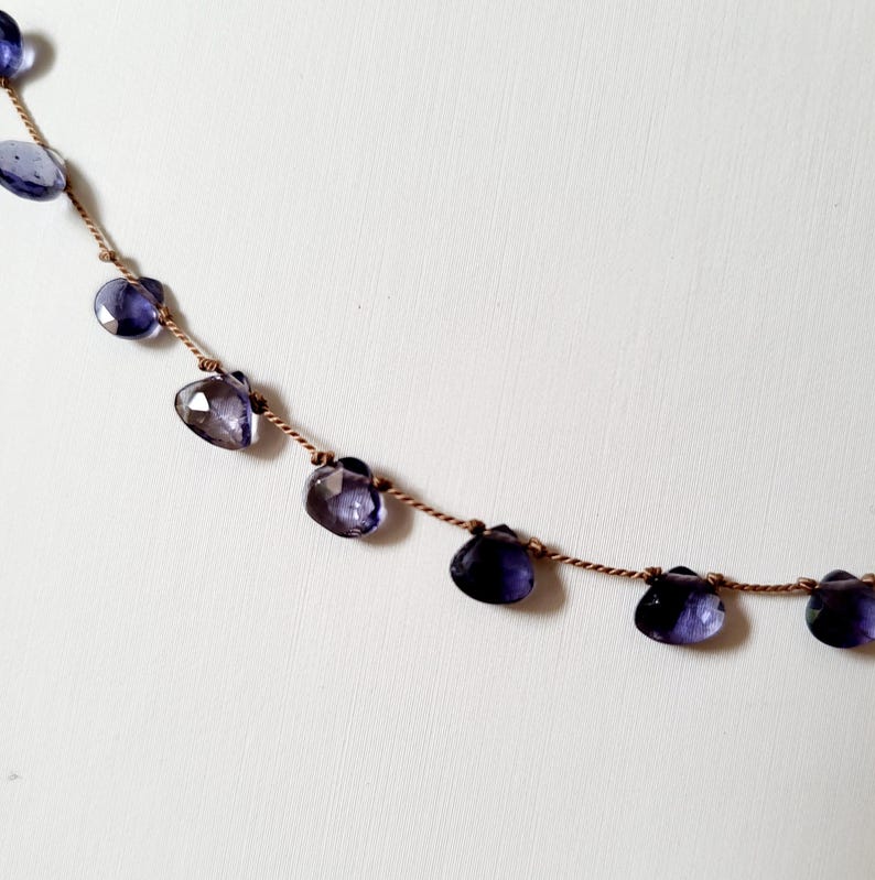Necklace of natural blue-grey iolite stones on silk thread, small pear-shaped. Women's necklace, delicate minimalist design. image 3