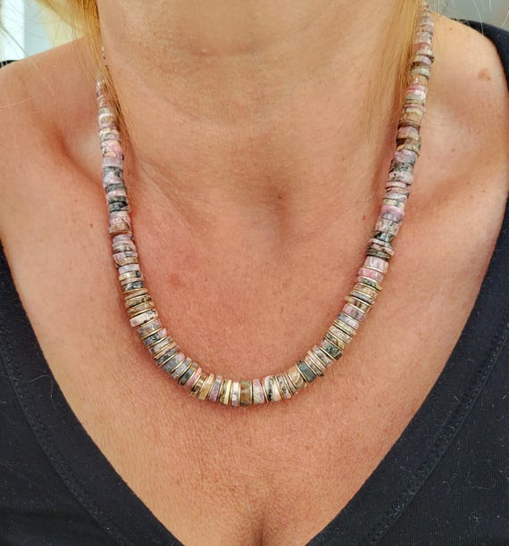 Collier Vintage En Rhodochrosite Rose - Pierre Naturelle - Monture Argent 925 - Occasion