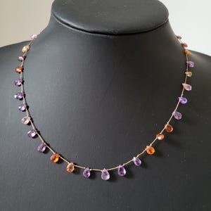 Minimalist necklace, natural zircon stones of several colors mounted on brown silk thread, pink purple briolette-shaped stones image 2