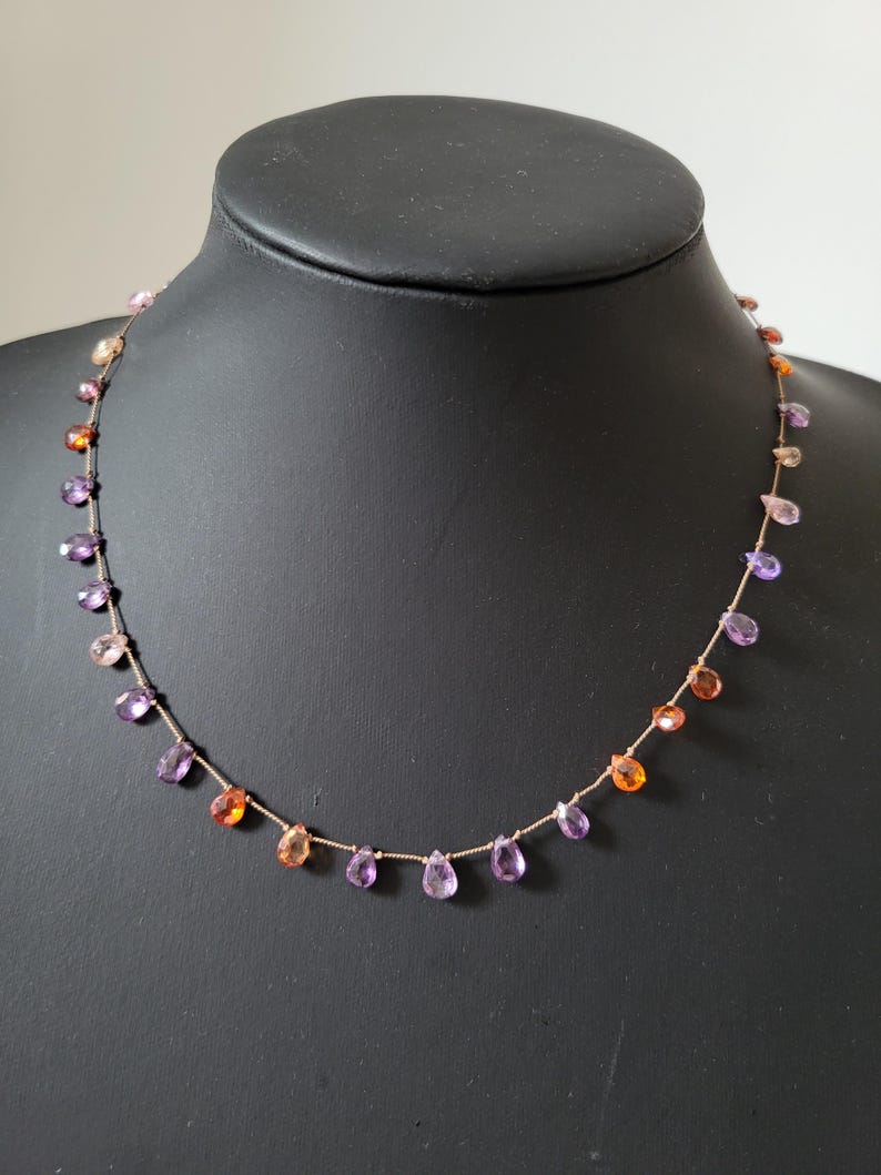 Minimalist necklace, natural zircon stones of several colors mounted on brown silk thread, pink purple briolette-shaped stones image 2