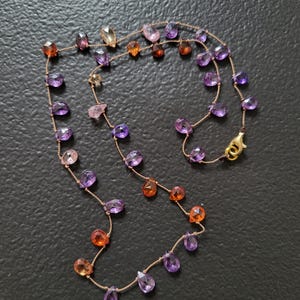 Minimalist necklace, natural zircon stones of several colors mounted on brown silk thread, pink purple briolette-shaped stones image 3