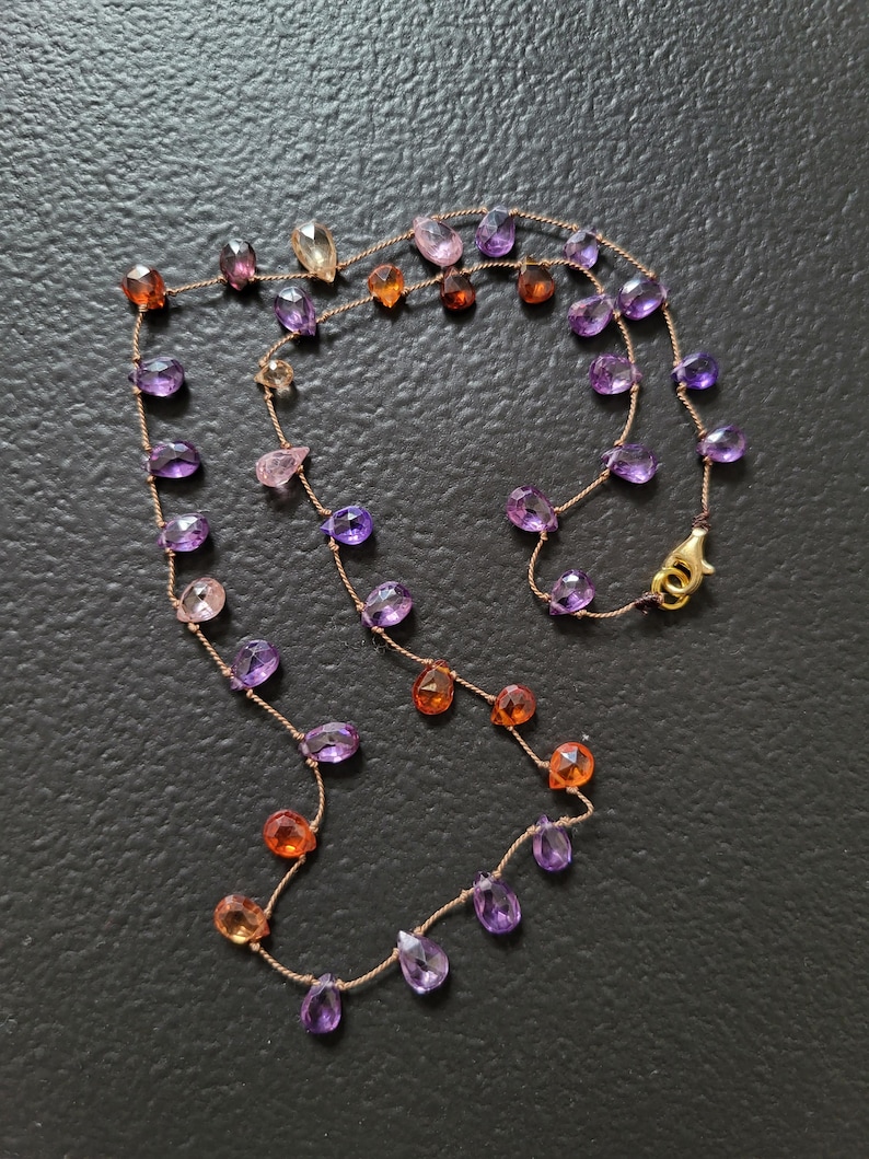 Minimalist necklace, natural zircon stones of several colors mounted on brown silk thread, pink purple briolette-shaped stones image 3