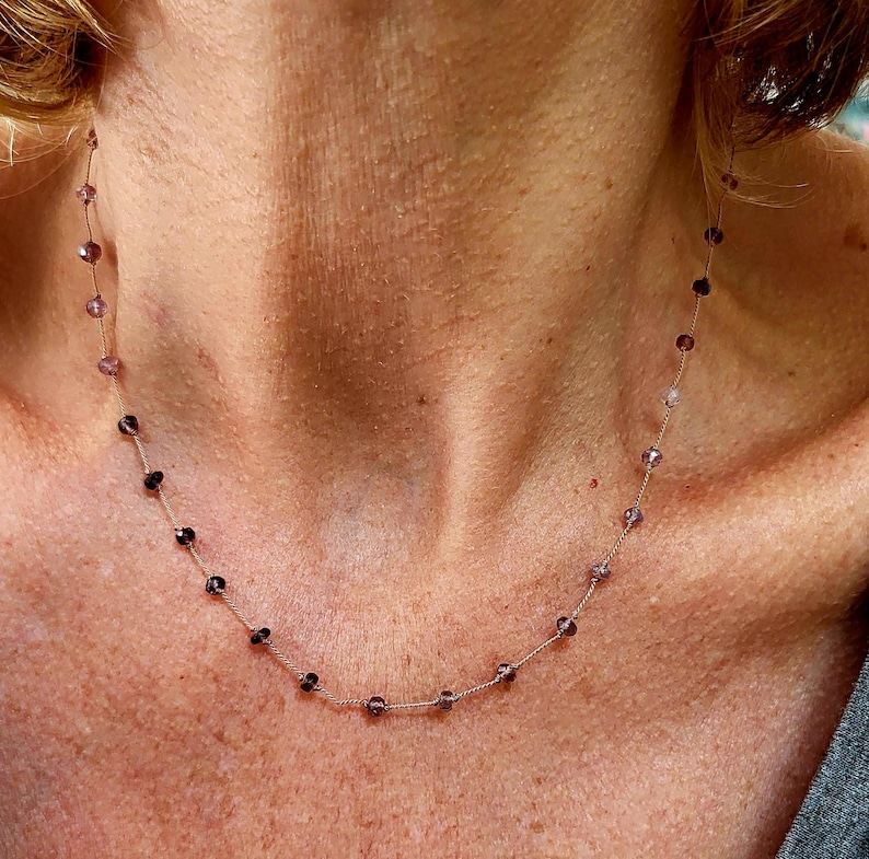 Necklace of natural pink multi-spinel stones knotted on a pink silk thread. Delicate minimalist fine necklace for women. image 6