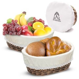 Artizanka Medium Bread Basket for Serving Set 11” Wicker Basket with Removable Liner and Cover, Bread Storage and Bread Serving Basket