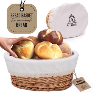 Large Bread Basket for Serving Set - 12x9” Wicker Basket with Removable Liner and Cover, Bread Storage and Bread Serving Basket for Bread