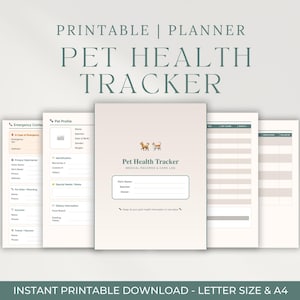 May include: A printable pet health tracker planner with pages for emergency contacts, pet profiles, and medical records. The cover features the text "Pet Health Tracker" and illustrations of two dogs. The planner is available in letter size and A4.
