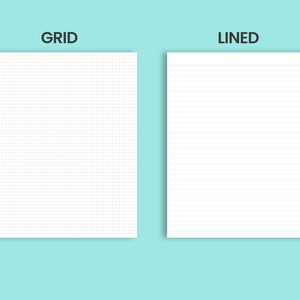May include: Two blank white pages, one with a grid pattern and the other with lines. The top of each page has the word "GRID" and "LINED" printed in black.