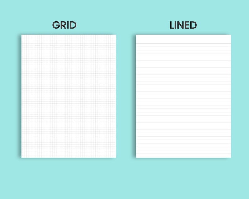 May include: Two blank white pages, one with a grid pattern and the other with lines. The top of each page has the word "GRID" and "LINED" printed in black.