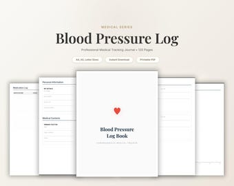May include: A professional blood pressure log book with a red heart icon on the cover. The cover text reads "Blood Pressure Log Book" and "Comprehensive Medical Tracker". The journal is part of a medical series and is available in A4, A5, and Letter sizes.