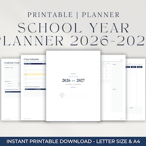 May include: A printable school year planner for 2026-2027. The design features a clean, minimalist aesthetic with a white background and navy blue accents. The planner includes sections for academic goals and class schedules. The text on the image reads "PRINTABLE | PLANNER SCHOOL YEAR PLANNER 2026-2027".