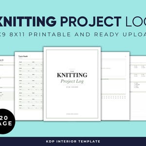 Può includere: Un registro di progetto di maglieria stampabile con sfondo turchese. Il registro include pagine per i dettagli del progetto, la scorta di filati e altre informazioni sulla maglieria. Il testo sulla copertina recita "KNITTING PROJECT LOG". Disponibile nei formati 15,24 x 22,86 cm e 20,32 x 27,94 cm.
