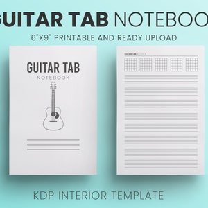 May include: A white Guitar Tab Notebook with the text "GUITAR TAB NOTEBOOK" and a guitar illustration. The notebook measures 6"x9" and includes a KDP interior template. The notebook's pages feature guitar tab diagrams and staff lines for musical notation.