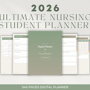 Könnte beinhalten: Ein digitaler Planer für Krankenpflegeschüler mit dem Titel "2026 Ultimate Nursing Student Planner". Das Cover ist ein Farbverlauf aus Grün und Weiß mit dem Text "Digital Planner 2026". Der Planer umfasst 540 Seiten und verfügt über einen Kalender und ein Dashboard.