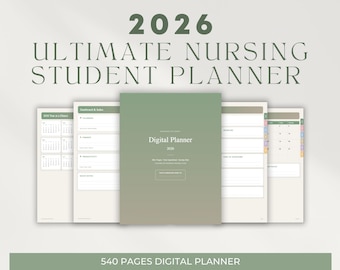 Könnte beinhalten: Ein digitaler Planer für Krankenpflegeschüler mit dem Titel "2026 Ultimate Nursing Student Planner". Das Cover ist ein Farbverlauf aus Grün und Weiß mit dem Text "Digital Planner 2026". Der Planer umfasst 540 Seiten und verfügt über einen Kalender und ein Dashboard.