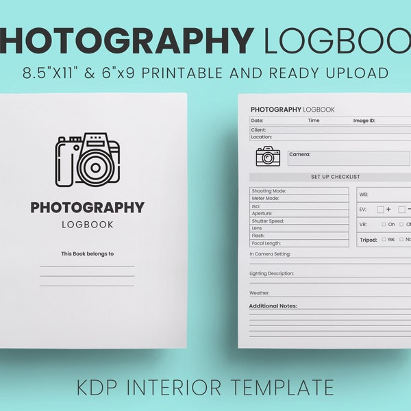 Genehmigt KDP Fotografie Logbuch Fotograf Planer Printable, Fotografie Journal PDF Vorlage 8,5x11 6x9 Zoll bereit zum Hochladen KDP