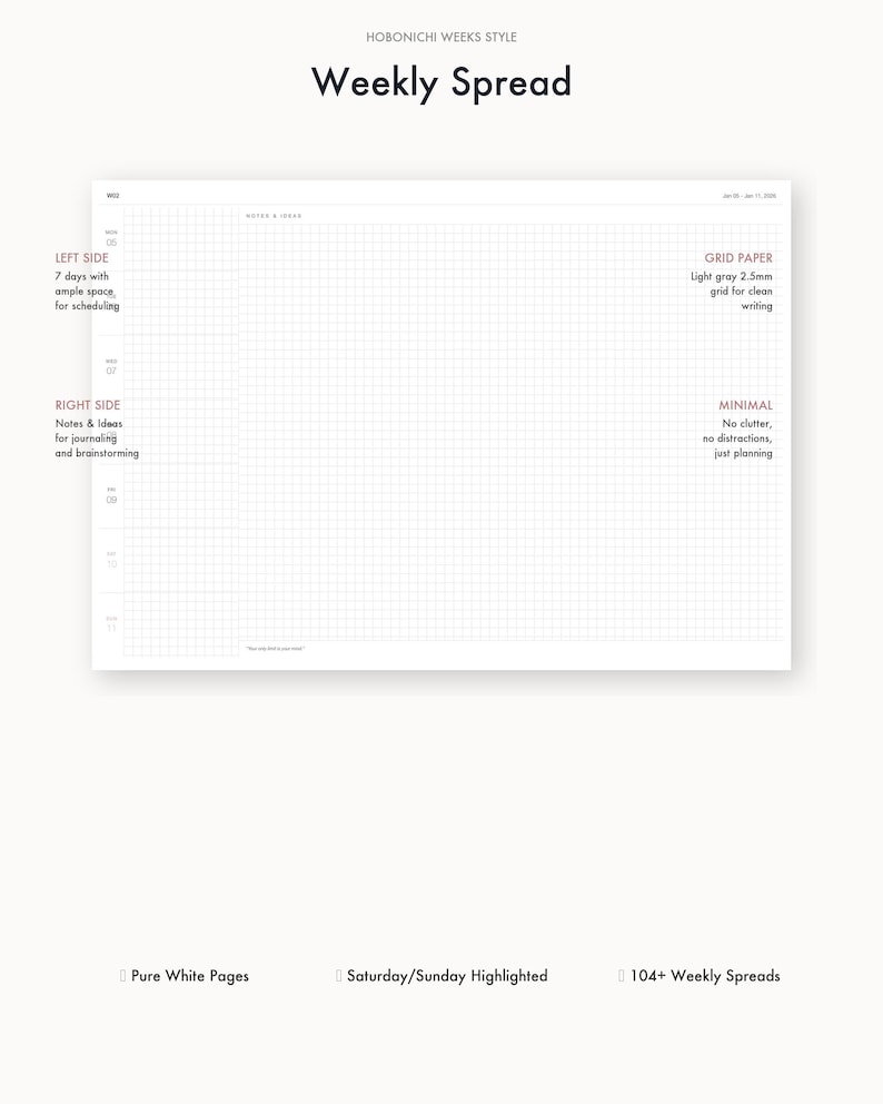 May include: A white weekly planner spread with a grid pattern. The planner includes sections for scheduling, journaling, and brainstorming. Text on the page includes "Weekly Spread," "Grid Paper," and "Minimal." Features include pure white pages and Saturday/Sunday highlighting.