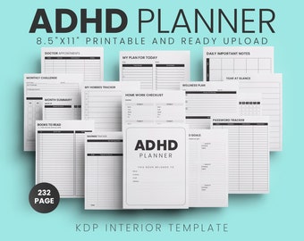 Könnte beinhalten: Ein schwarz-weißer druckbarer Planer mit dem Text "ADHD Planner" und "232 Page". Der Planer enthält Abschnitte für Arzttermine, tägliche wichtige Notizen, monatliche Herausforderungen, Monatsübersicht, Bücher zum Lesen, Sparkonto, meine Hobbys, mein Plan für heute, Jahresübersicht, Wellnessplan, Hausaufgabenliste und Passwort-Tracker.