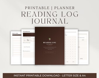 May include: A printable reading log journal with a dark brown cover and several interior pages. The cover features the text "Reading Log Journal" and a small green leaf icon. The text "Printable | Planner" is at the top. The bottom text reads "Instant Printable Download - Letter Size & A4".