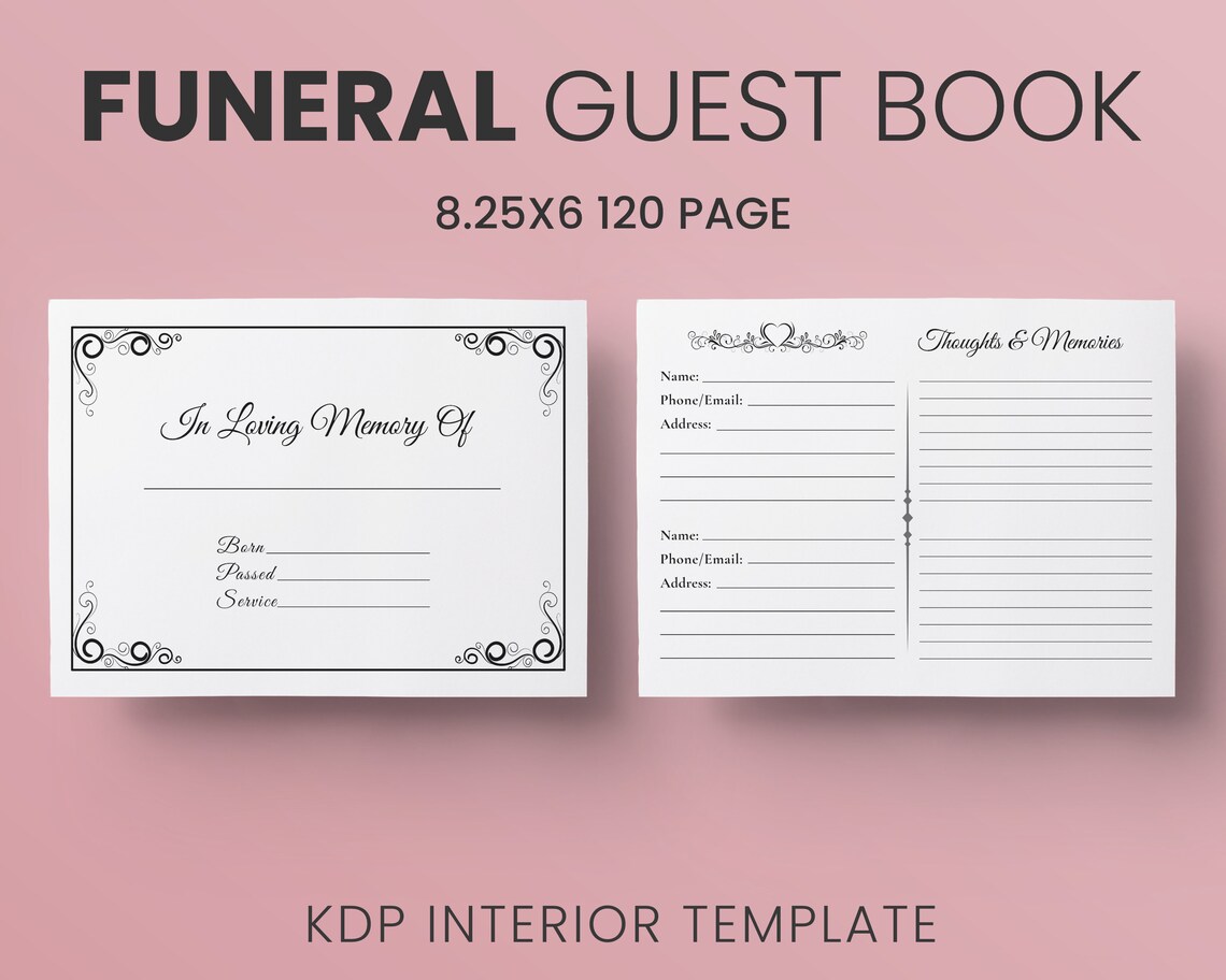 Funeral Guest Book Memorial Guest Book KDP Interior Template 8 25x6