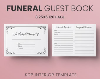 Memorial Guest Book Template: 8.25x6 Inch, 120 Page (PDF)