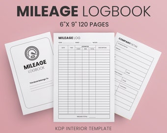 Puede incluir: Una plantilla de libro de registro de kilometraje en blanco y negro con un icono de velocímetro en la portada. La plantilla incluye secciones para la fecha, la hora, las lecturas del odómetro y una descripción del viaje. También incluye una sección para los detalles de la empresa. La plantilla mide 15,24 cm por 22,86 cm y tiene 120 páginas.