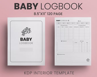 Op de afbeelding: Een wit baby logboek met de tekst "BABY LOGBOOK" en "8.5"X11" 120 PAGE". De omslag toont een ooievaar die een baby draagt. De binnenkant bevat secties voor voeding, slapen, boodschappenlijst, luiers en extra activiteiten.