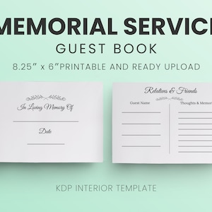 May include: Printable memorial service guest book template with the text "In Loving Memory Of" and "Relatives & Friends" with lines for guest names and thoughts and memories. The template is 21 cm by 15 cm.
