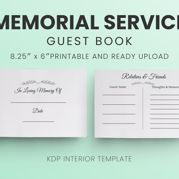 Funeral Memorial Template 8.25 x 6 inches 120 Page Printable PDF File | Low Content Book KDP Interior | Commercial Use