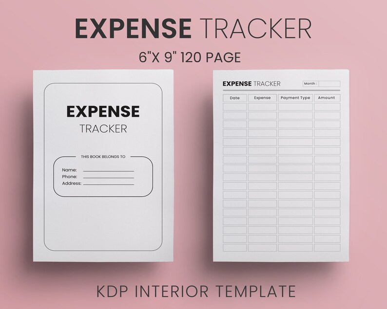May include: A white expense tracker notebook with the title "EXPENSE TRACKER" and the dimensions 6" x 9" and 120 pages. The notebook includes sections for name, phone, and address, along with expense tracking tables.