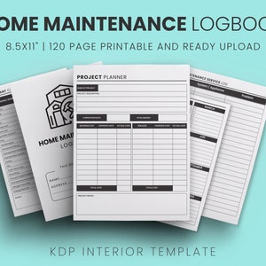 May include: A printable home maintenance logbook with 120 pages. The logbook includes sections for project planning, maintenance service logs, and important contacts. The cover features a black and white illustration of a house with a hammer and wrench.