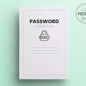 May include: A white password logbook with a black lock and keyhole icon and the text "PASSWORD LOGBOOK".