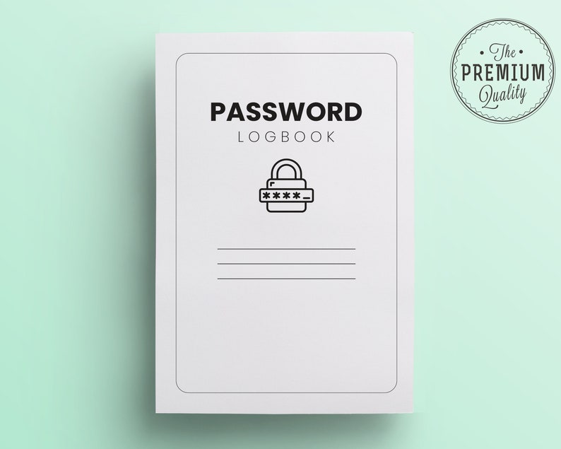 May include: A white password logbook with a black lock and keyhole icon and the text "PASSWORD LOGBOOK".