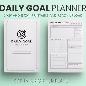 K&ouml;nnte beinhalten: Ein wei&szlig;es Daily Goal Planner-Template mit einem schwarzen Ziellogo. Der Planer ist in den Gr&ouml;&szlig;en 15,24 cm x 22,86 cm und 21,59 cm x 27,94 cm erh&auml;ltlich. Das Design umfasst Abschnitte f&uuml;r Ziele, Ideen, Aktionen und Notizen.