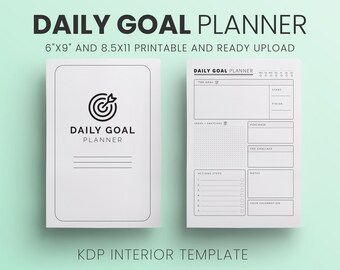 Puede incluir: Plantilla blanca de Daily Goal Planner con un logotipo de diana negro. El planificador está disponible en tamaños de 15,24 cm x 22,86 cm y 21,59 cm x 27,94 cm. El diseño incluye secciones para metas, ideas, acciones y notas.
