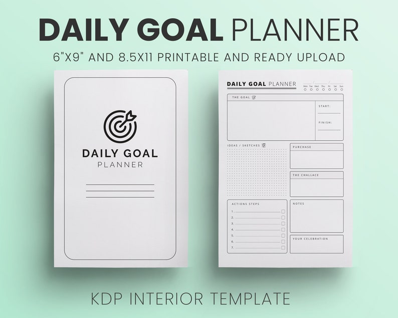 K&ouml;nnte beinhalten: Ein wei&szlig;es Daily Goal Planner-Template mit einem schwarzen Ziellogo. Der Planer ist in den Gr&ouml;&szlig;en 15,24 cm x 22,86 cm und 21,59 cm x 27,94 cm erh&auml;ltlich. Das Design umfasst Abschnitte f&uuml;r Ziele, Ideen, Aktionen und Notizen.