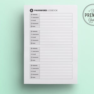 May include: A printable password logbook with a simple design. The logbook has four sections for recording website, username, email, password, and notes.