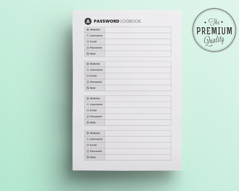May include: A printable password logbook with a simple design. The logbook has four sections for recording website, username, email, password, and notes.
