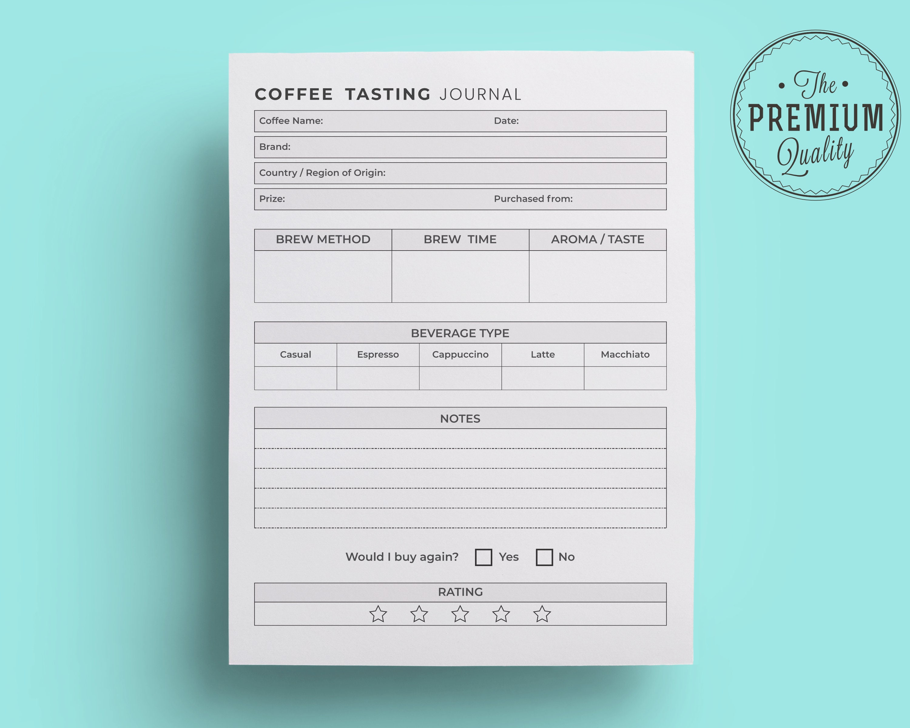 Coffee Tasting Journal PDF Printable Download