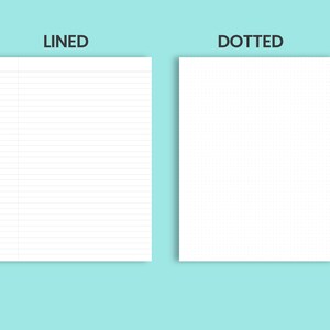May include: Two white sheets of paper, one with lined paper and the other with dotted paper. The paper is on a light blue background. The words "LINED" and "DOTTED" are above the sheets of paper.